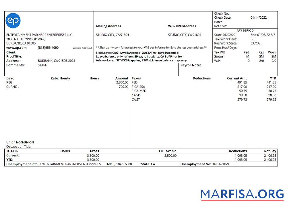 США Entertainment Partners Enterprises financial Компания pay stub дизайн