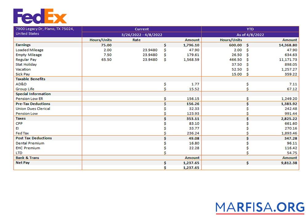 США Fedex транспорт Компания pay stub дизайн