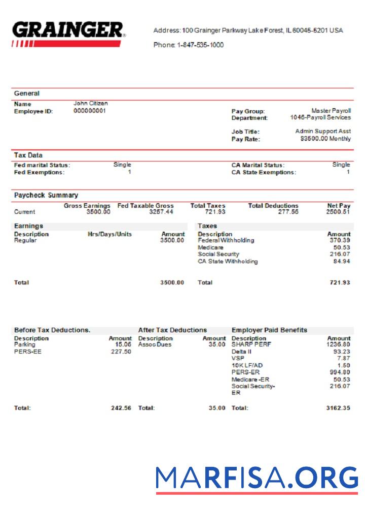 США Grainger industry Компания pay stub предпросмотр