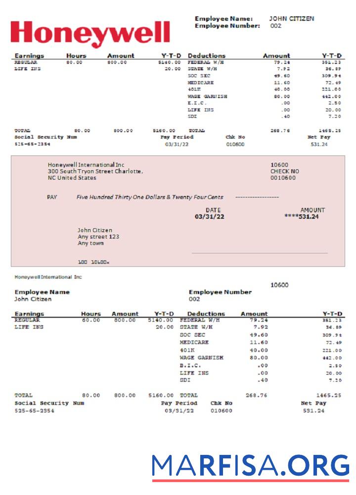 США Honeywell conglomerate Компания pay stub Word предпросмотр