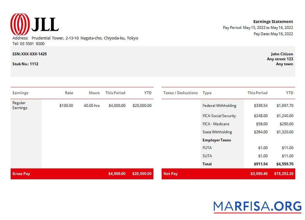 США JLL Настоящий estate Компания pay stub Word дизайн