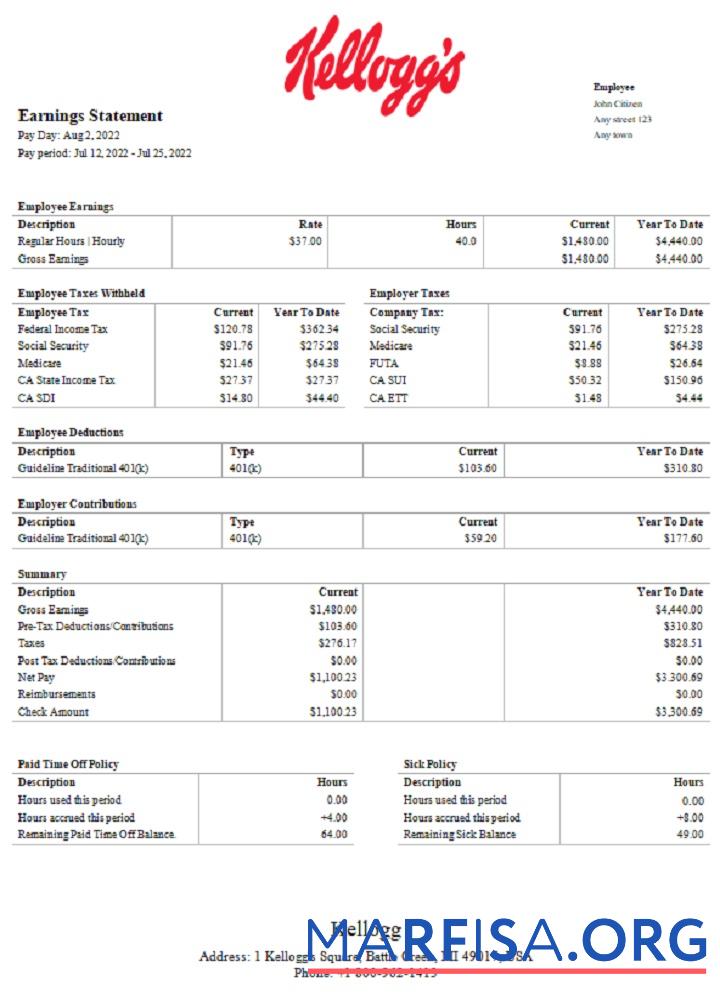 США Kellog food processing Компания pay stub дизайн