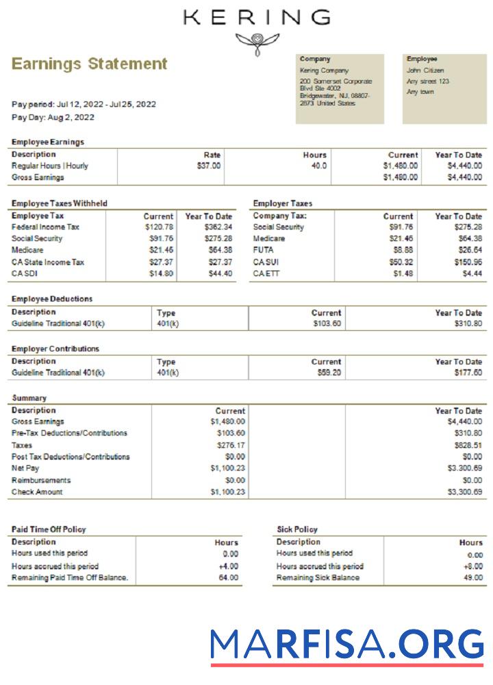 США Kering luxury Товары Компания pay stub дизайн