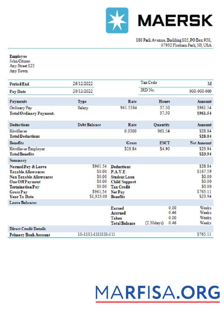 США Maesk Отправка Компания pay stub макет
