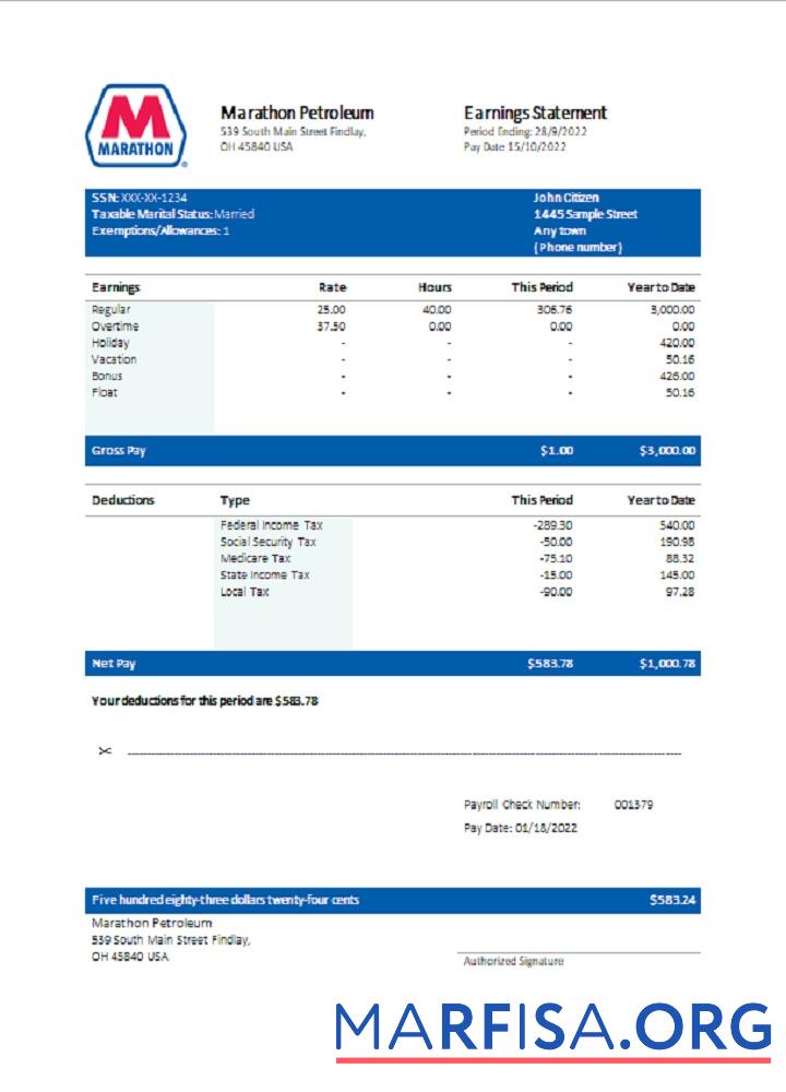 США Marathon Petroleum Компания pay stub образец