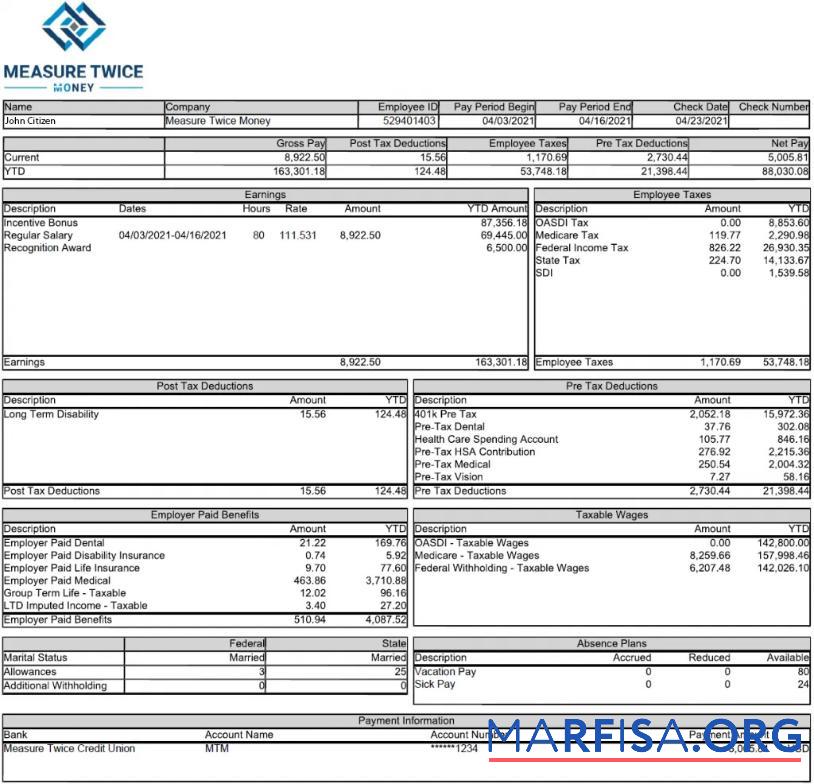 США Measure Twice Financia payslip in дизайн