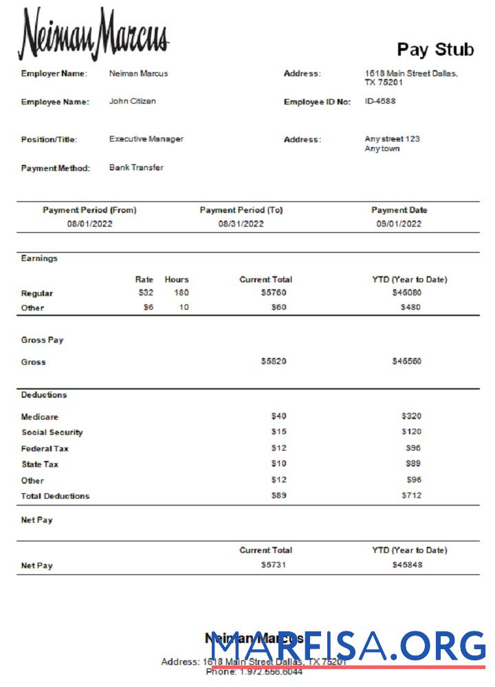США Neiman Marcus department store Компания pay stub дизайн