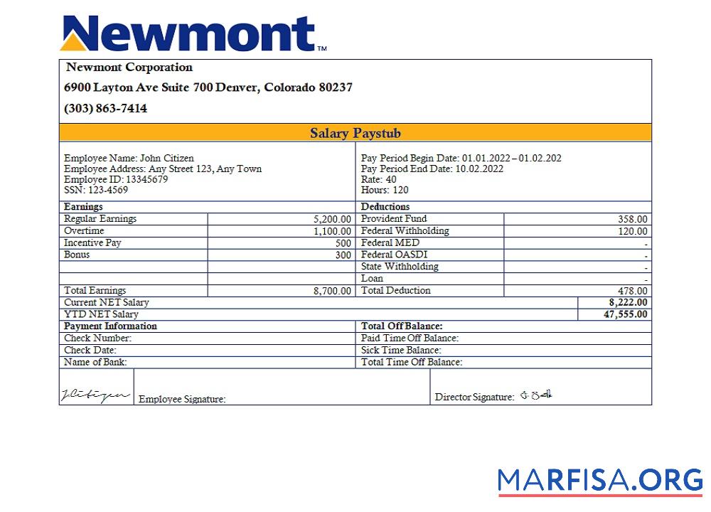 США Newmont Corporation mining Компания pay stub образец