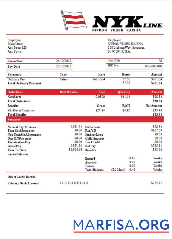 США Nippon Yusen Kaisha Отправка Компания pay stub (1) предпросмотр