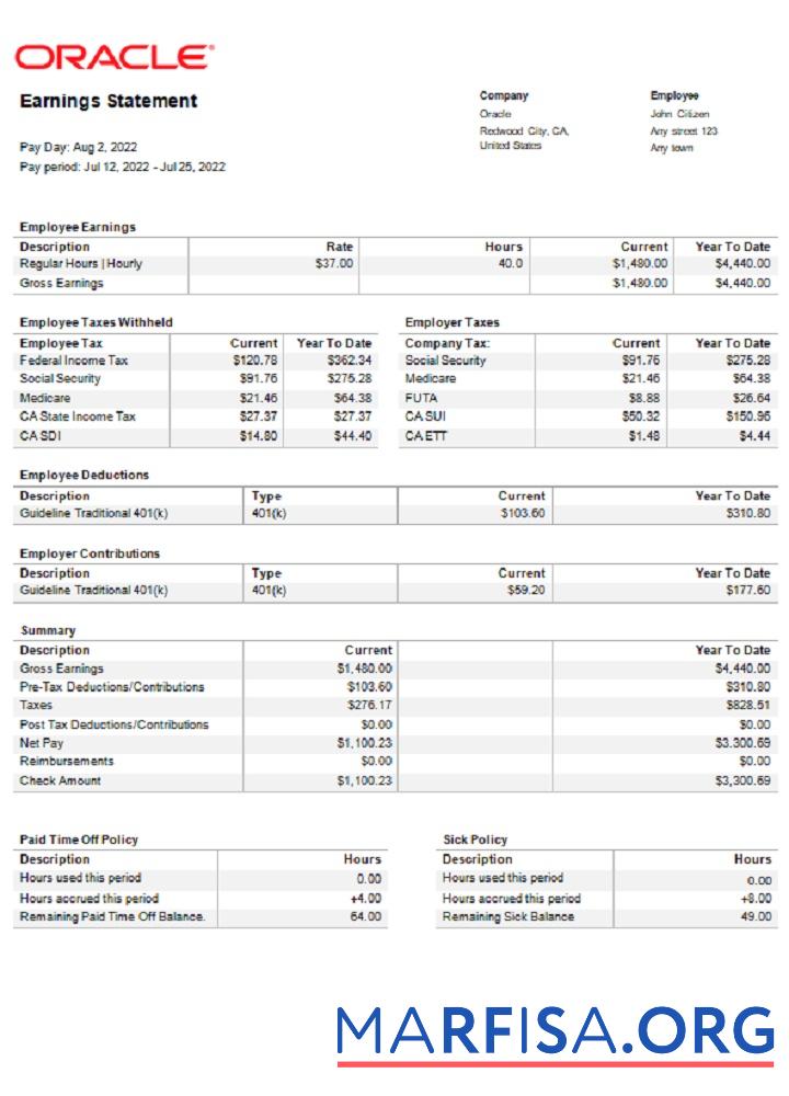 США Oracle Программное обеспечение Компания pay stub дизайн