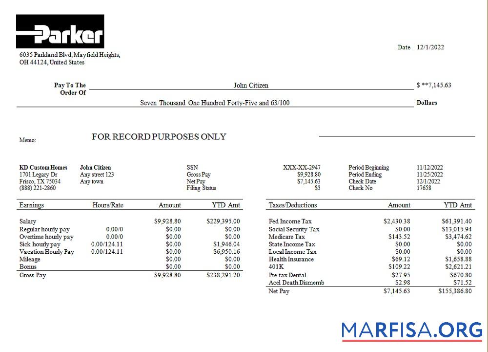 США Parker Hannifin инженерия Компания pay stub образец