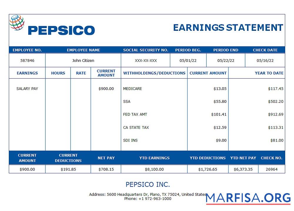 США Pepsico Inc. drink producing Компания pay stub предпросмотр