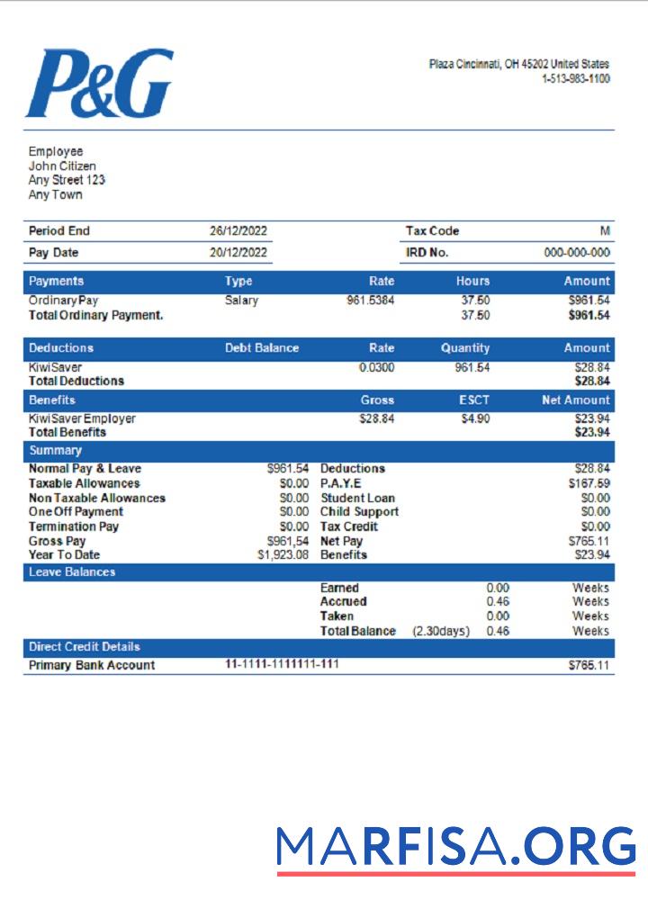 США Procter & Gamble consumer products Компания pay stub предпросмотр