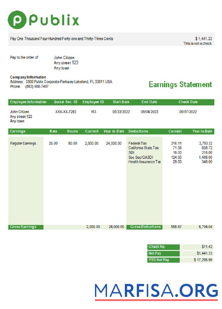 США Publix Super Markets Inc. supermarket Компания pay stub макет