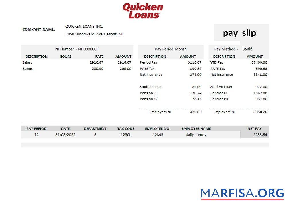 США Quicken Loans Inc. Ипотека Кредит Компания pay stub дизайн