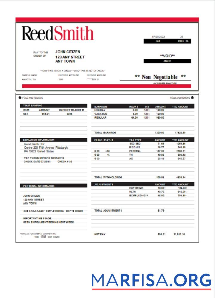 США Reed Smith LLP law Компания pay stub макет
