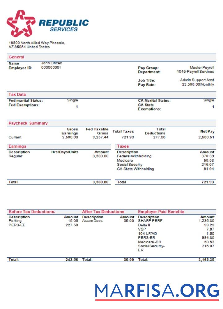 США Republic Services waste management Компания pay stub предпросмотр