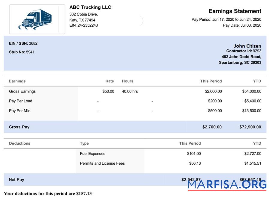 США South Carolina Trucking LLC paystub шаблон