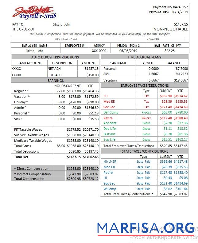 США South Dakota payroll e stub шаблон