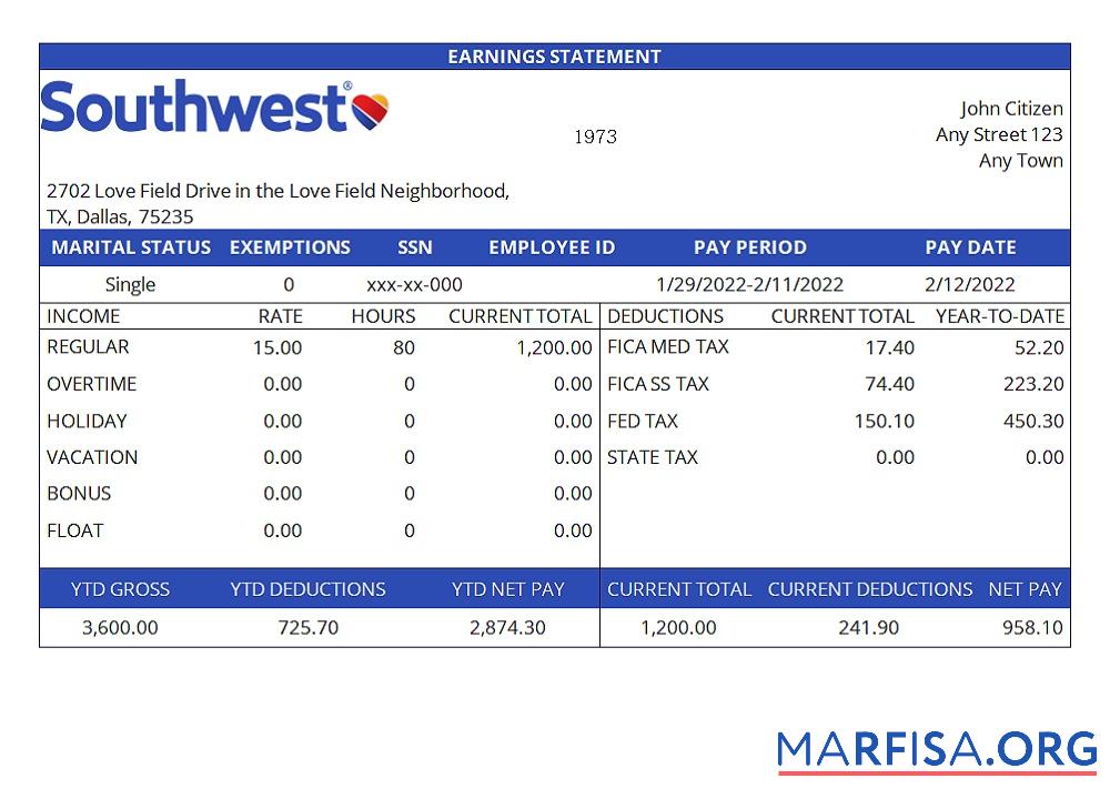 США Southwest Airlines airlines Компания pay stub макет