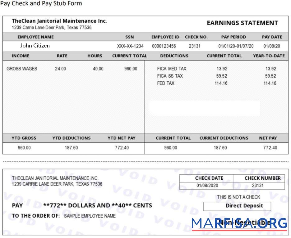 США THE Clean Janitorial Mainenance Inc pay stub макет