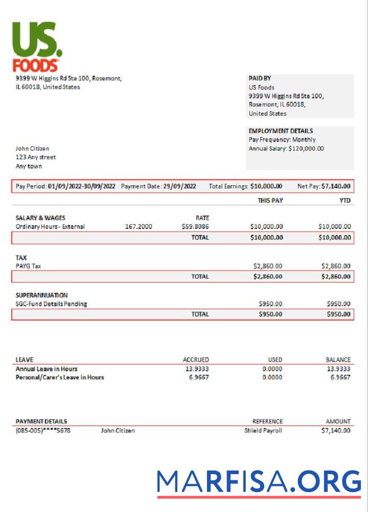 США US Foods food distribution Компания pay stub предпросмотр