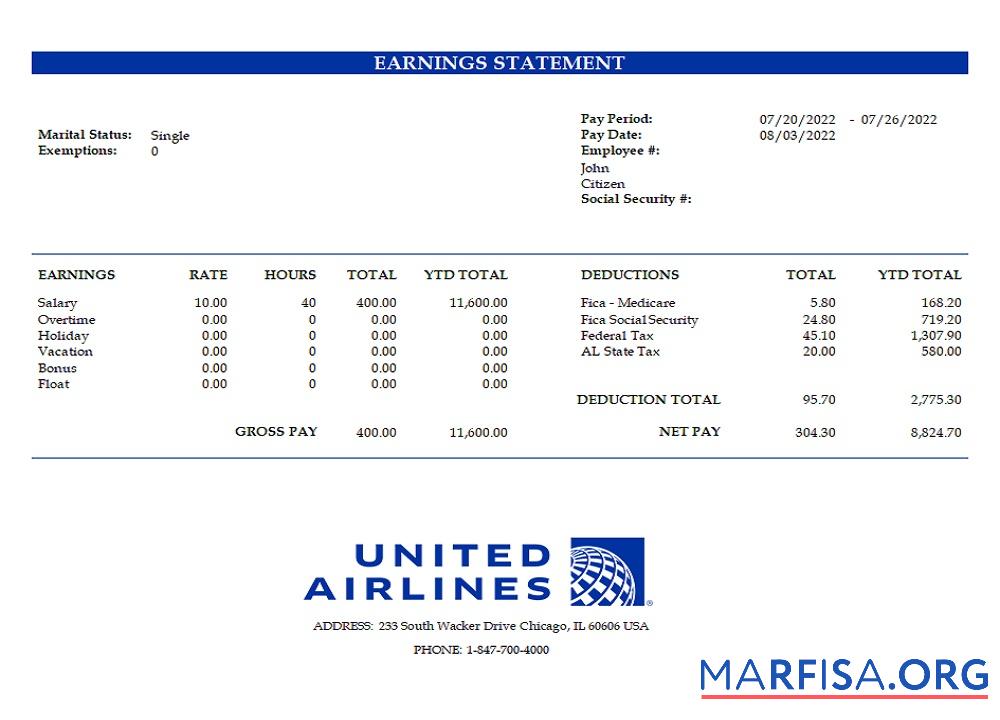 США United Airlines Holdings airlines Компания pay stub предпросмотр