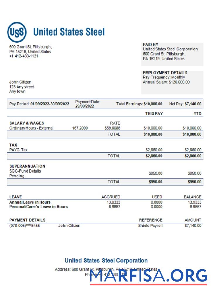 США Соединённые Штаты Steel Corporation steel production Компания pay stub макет