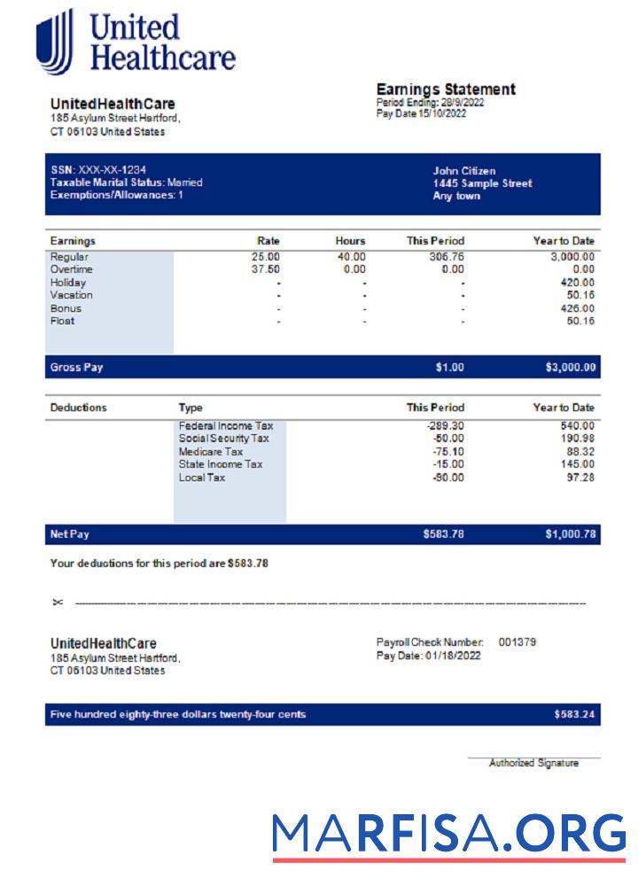 США UnitedHealthCare managed care Компания pay stub шаблон