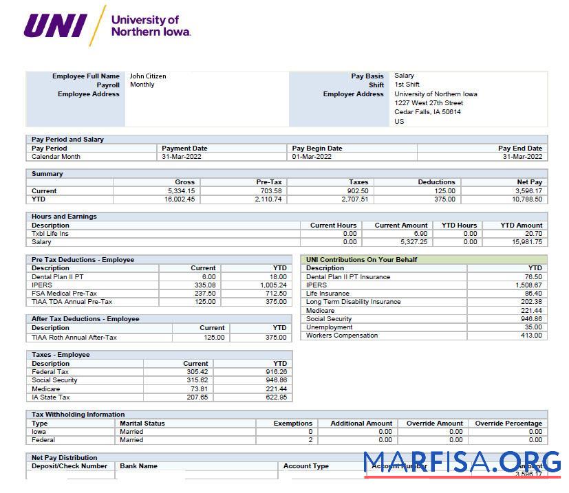 США университет of Norther Iowa paystub дизайн