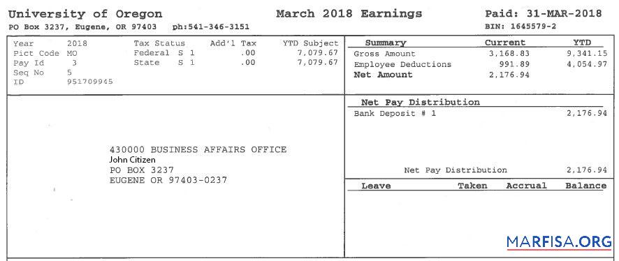 США университет of Oregon payslip макет