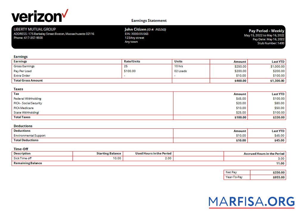 США Verizon telecommunication Компания pay stub образец