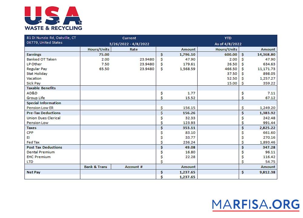 США Waste & Recycling recycling Компания pay stub предпросмотр