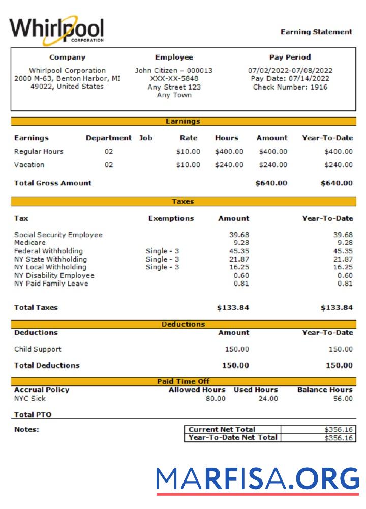 США Whirlpool Corporation коммерческий Компания pay stub предпросмотр