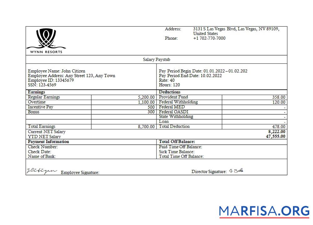 США Wynn Resorts hospitality Компания pay stub образец
