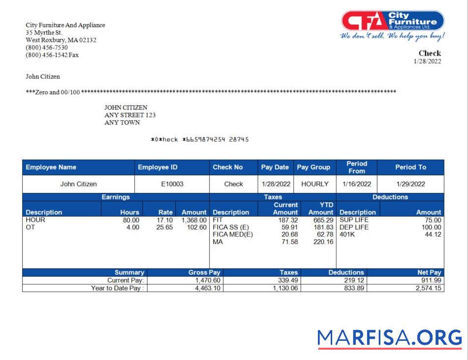 США furniture & appliances employee sheet макет