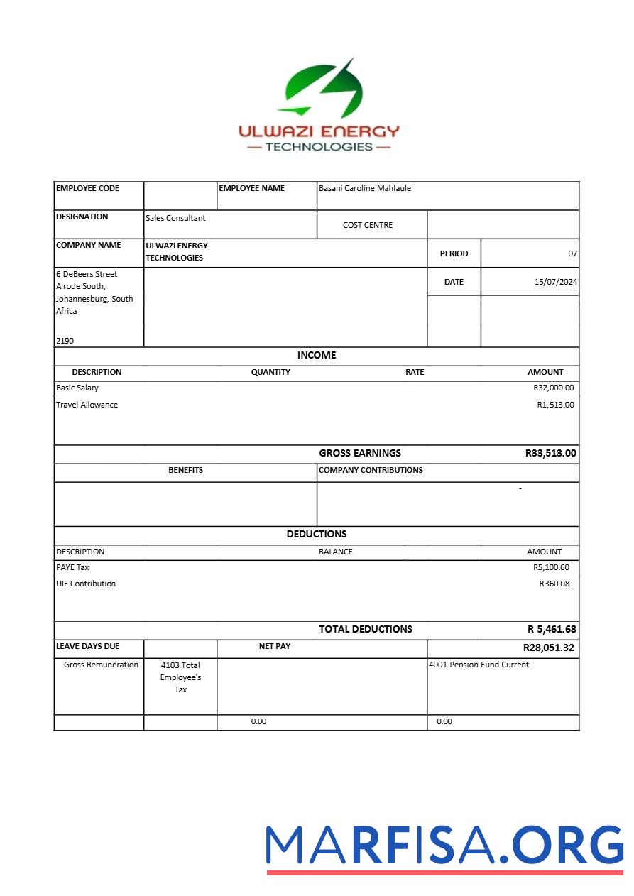Ulwazi Energy Technologies payslip предпросмотр