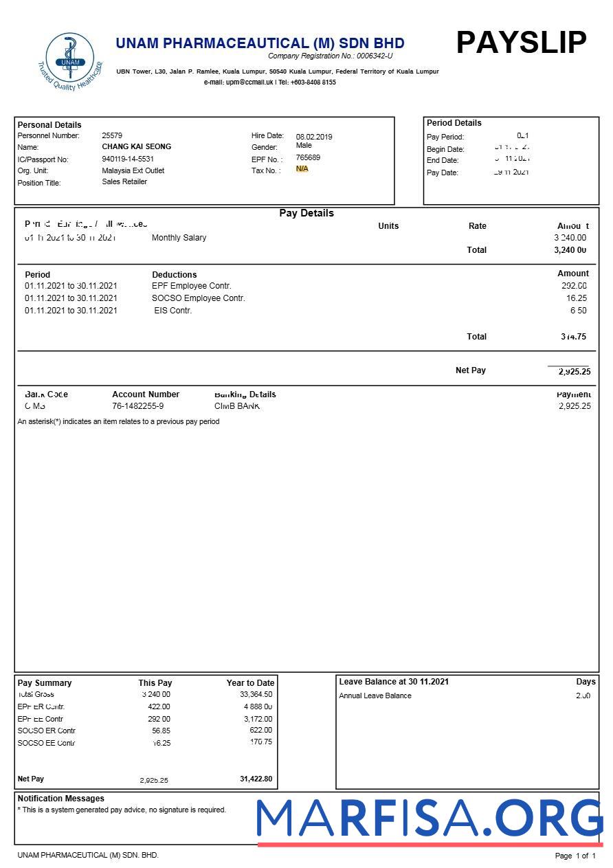Unam Pharmaceautical (M) Sdn Bhd payslip дизайн