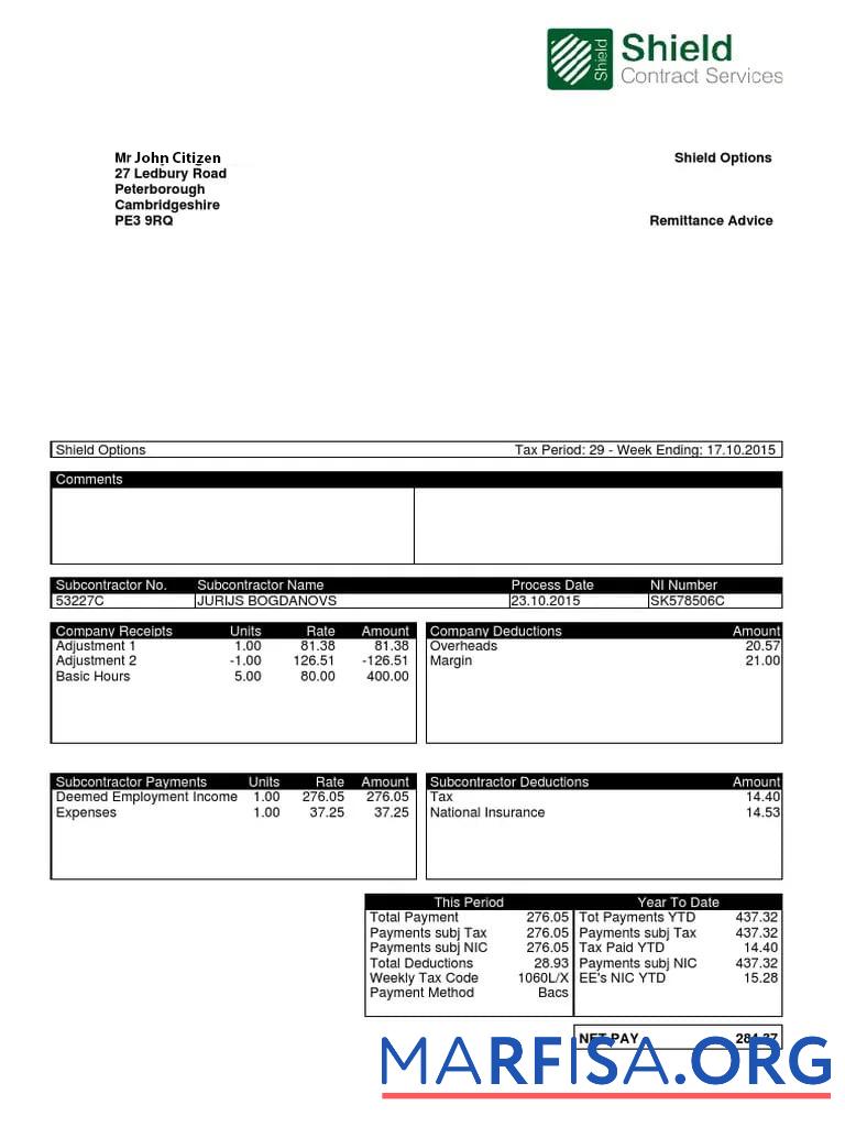 Великобритания Shield Контракт services payslip дизайн