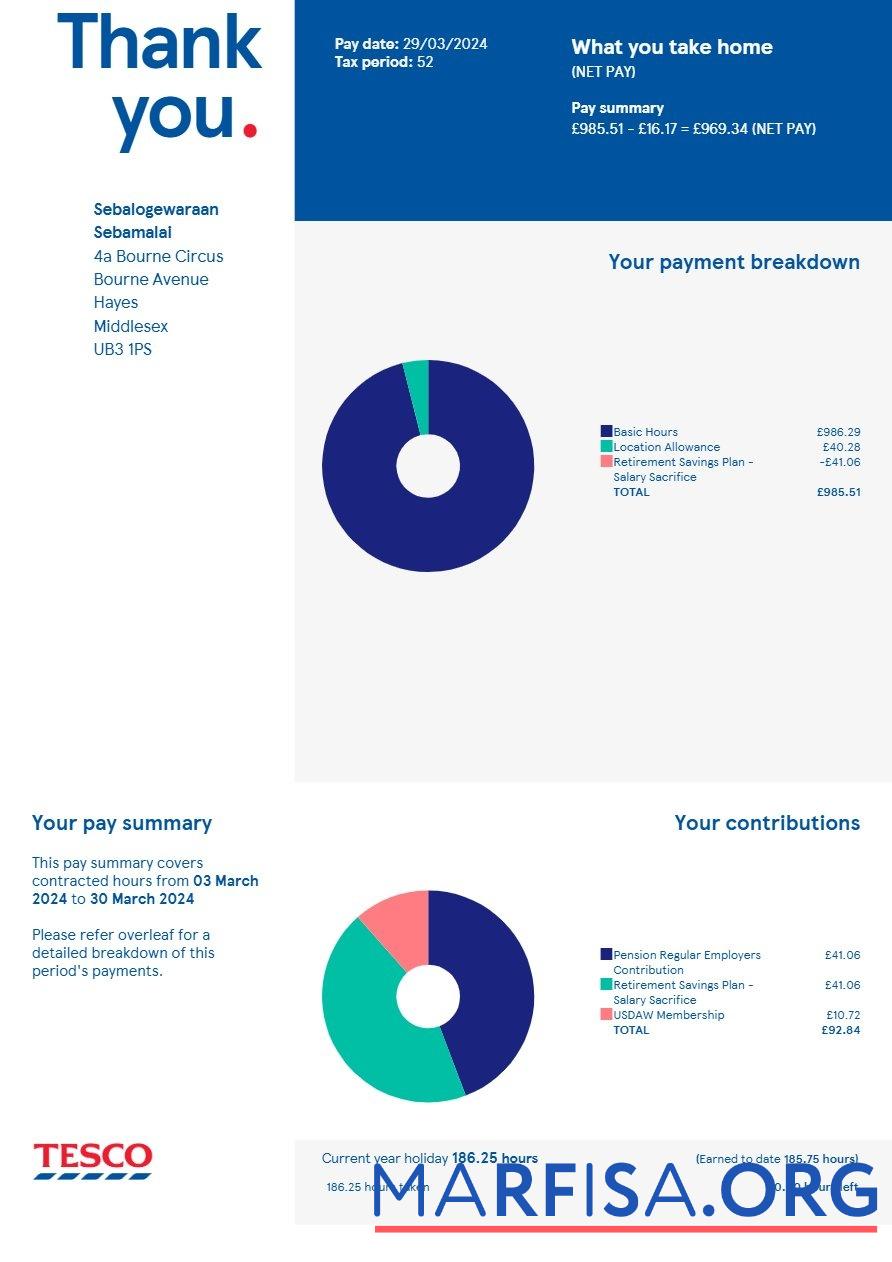 Великобритания Tesco Stores payslip образец