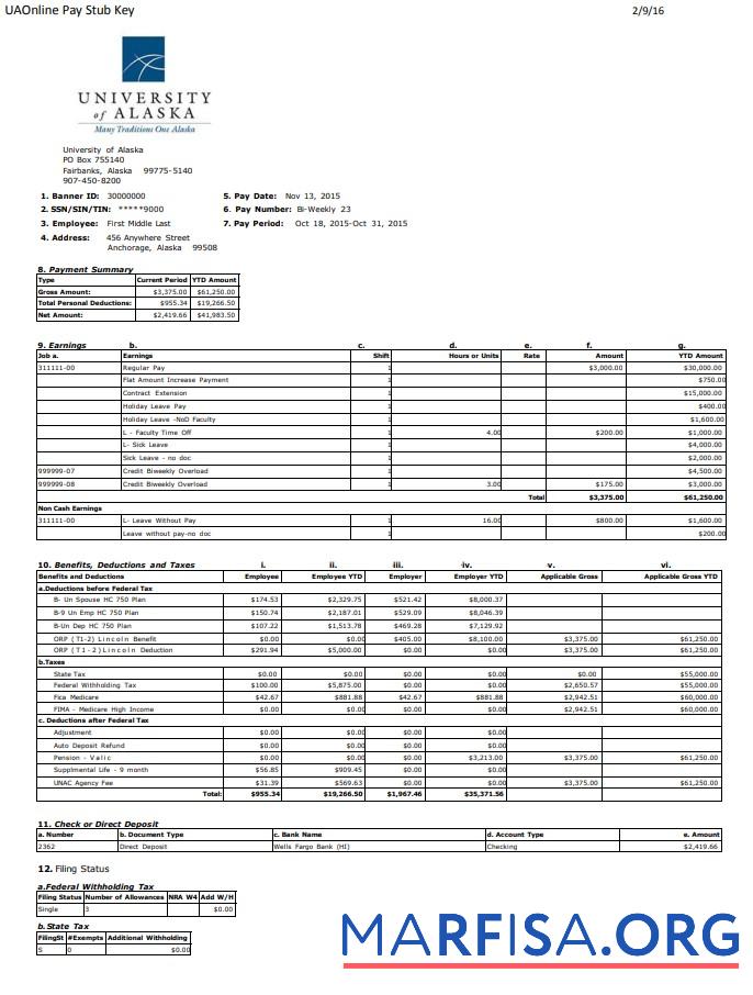университет of Alaska pay stub образец