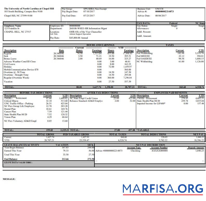 университет of North Carolina pay stub макет