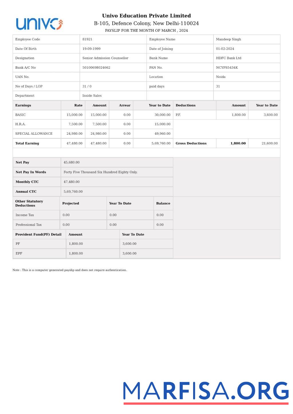 Univo Education payslip шаблон
