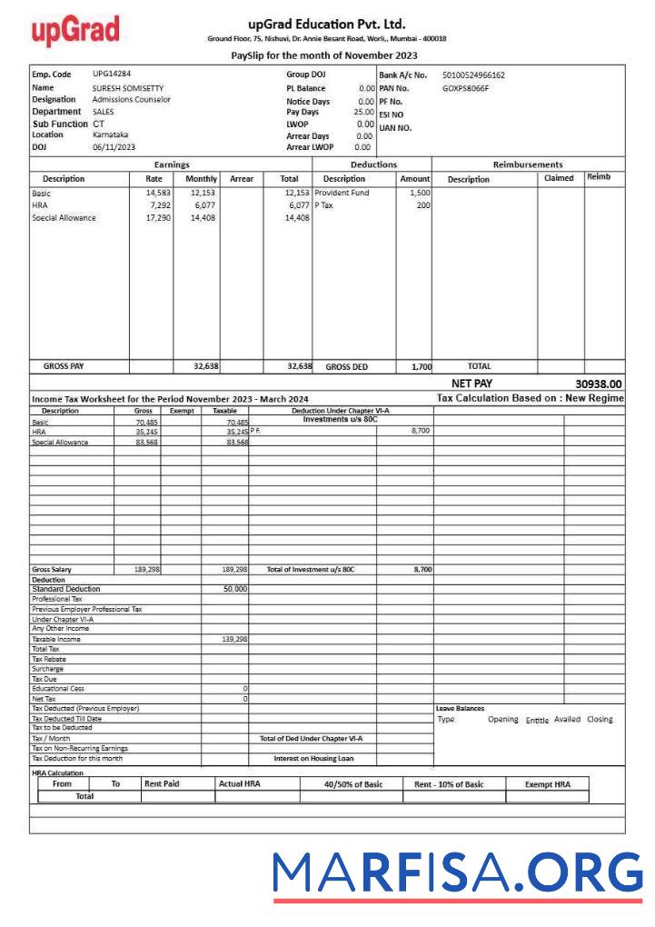 UpGrad Educaton payslip предпросмотр