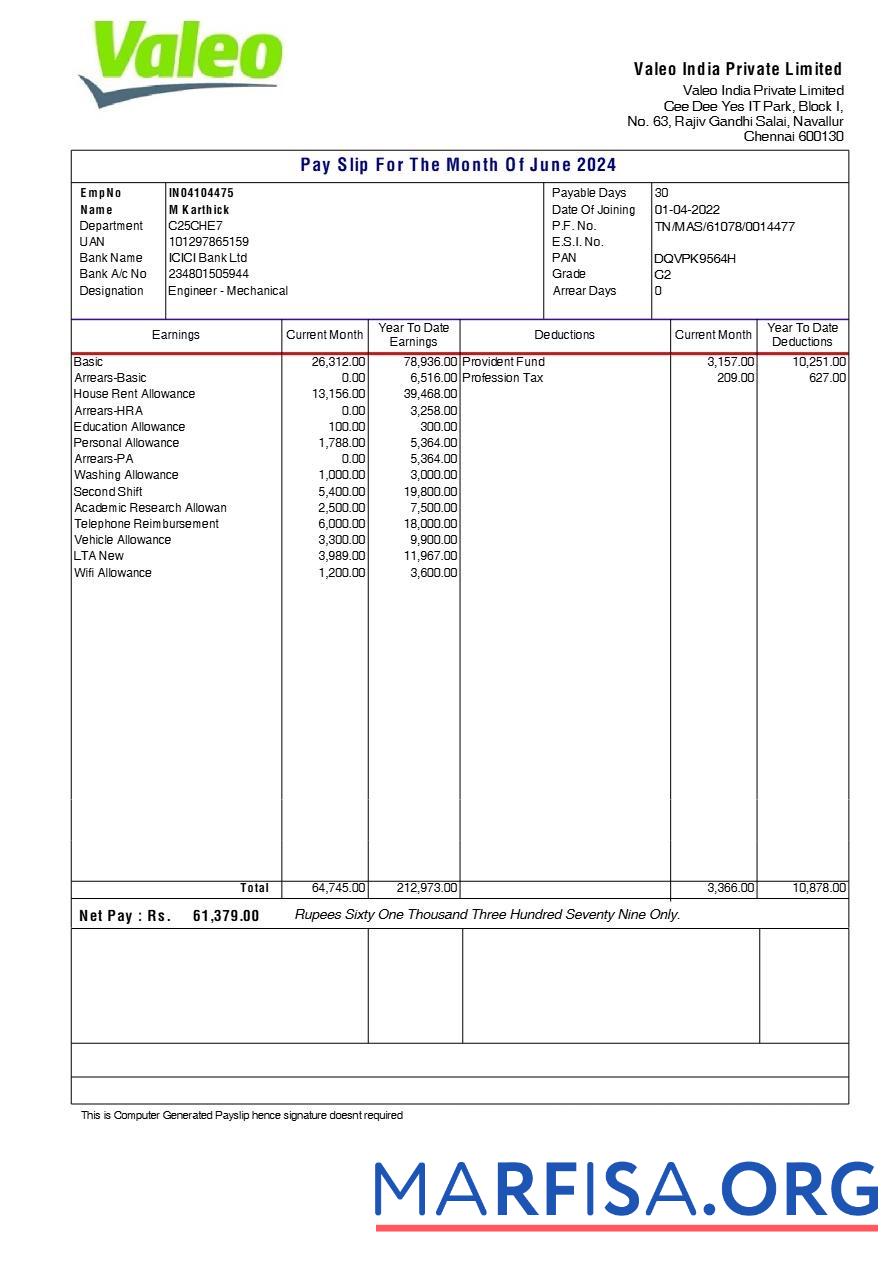 Valeo Индия payslip образец