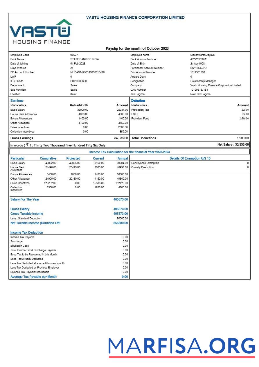 Vastu Housing Финансы Corporation payslip образец