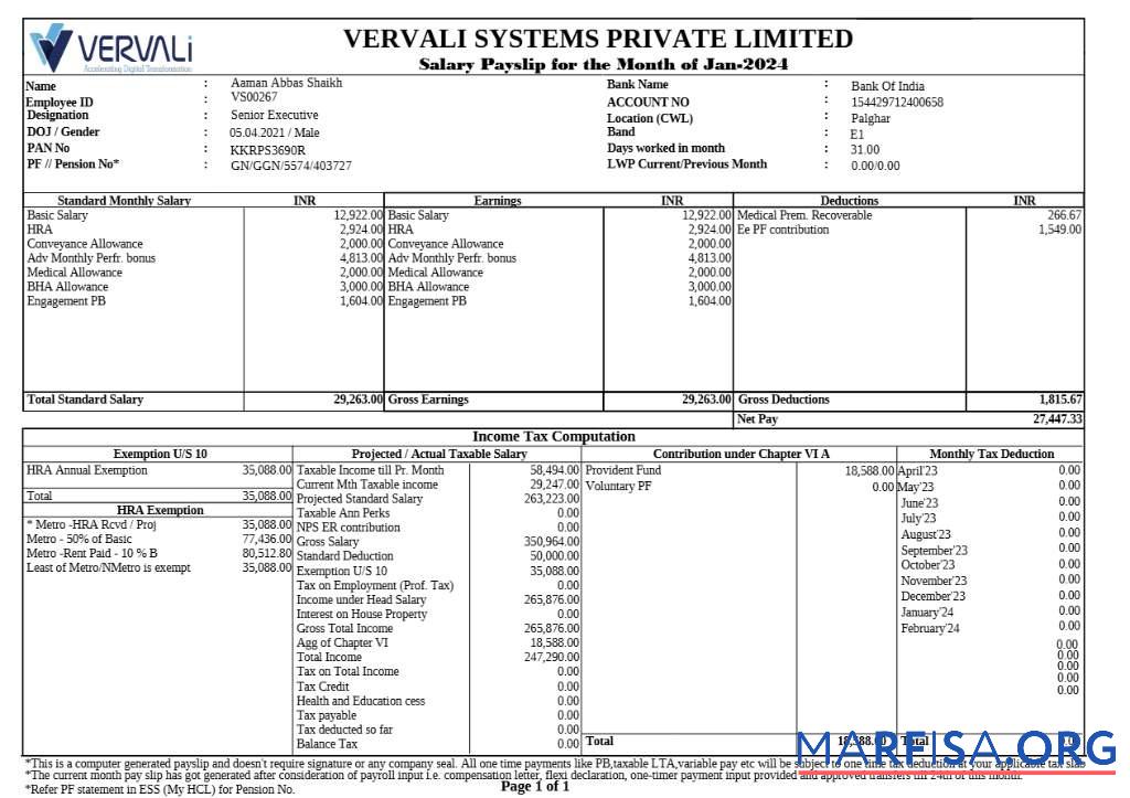 Vervali Systems Программное обеспечение Компания payslip шаблон