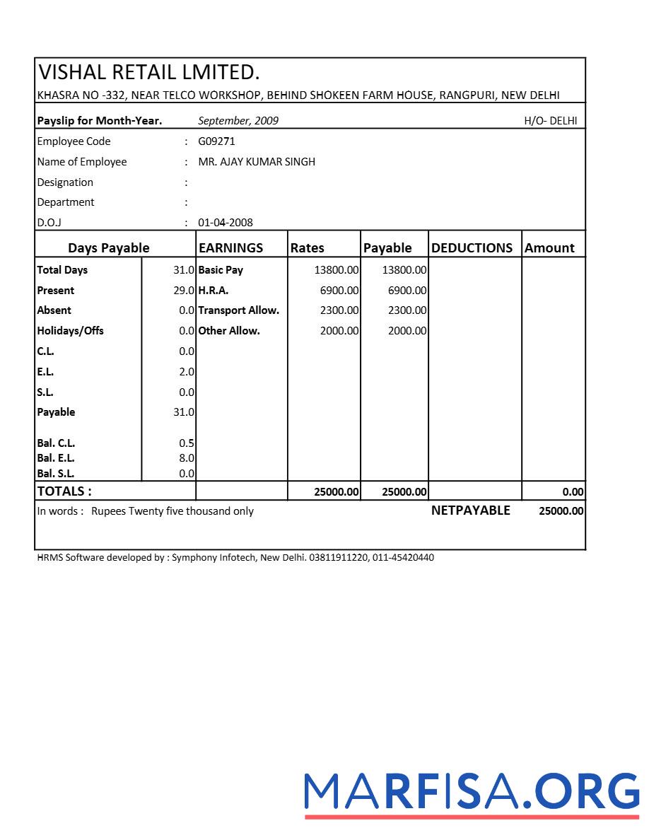 Vishal Retail LTD payslip дизайн