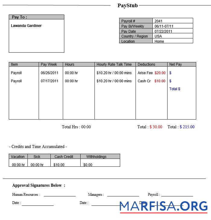 WAH PBC Paystub образец