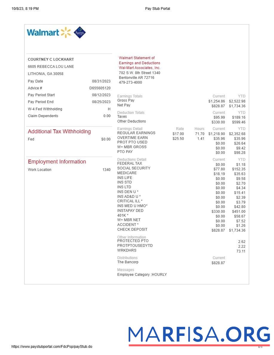 Walmart Выписка из банка of earnings and deductions дизайн
